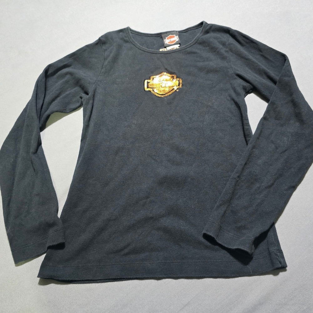 Harley Davidson Long Sleeve Shirt Womens Small Black Sequin Logo Jim Baileys IN